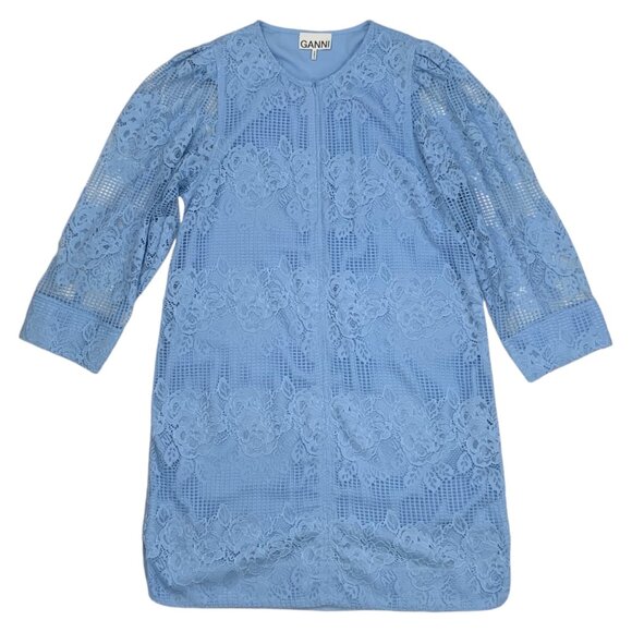Ganni Lace Mini Dress 38 Placid Blue 3/4 Sleeve Zipper Front Shift MISSING BELT - Picture 12 of 12